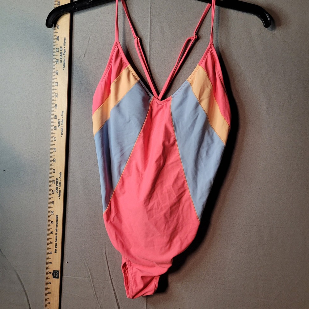 SO Colorblock One Piece Swimsuit XL Pink Blue Orange V-Neck Cross Back Swimwear